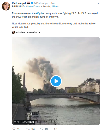 RVAwonk's tweet photo. The fire at Notre Dame Cathedral is still ongoing, and far-right conspiracy theory Twitter is already conspiracy theorizing about the cause. Authorities have said the fire was started unintentionally due to construction at the site. #NotreDame https://t.co/1Mu6HXNLnY