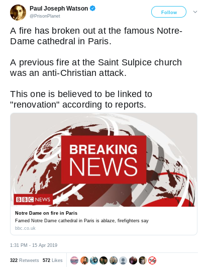RVAwonk's tweet photo. The fire at Notre Dame Cathedral is still ongoing, and far-right conspiracy theory Twitter is already conspiracy theorizing about the cause. Authorities have said the fire was started unintentionally due to construction at the site. #NotreDame https://t.co/1Mu6HXNLnY