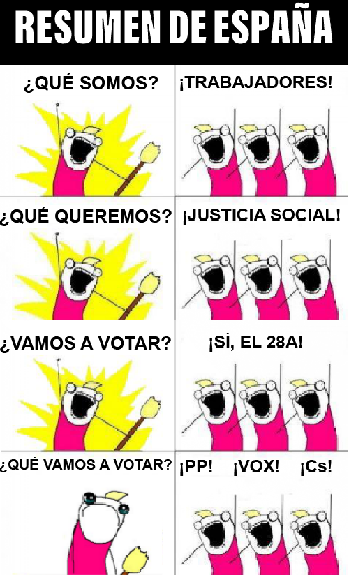 CMagnificus's tweet photo. Resumen de Ejpaña! 🇪🇸 #28A #LaEspanaQueQuieres #HazQuePase #ValorSeguro #VamosCiudadanos #PorEspana #quequeremos #Memes
#casaders #obrerosdederechas #FelizLunes @populares @PSOE @CiudadanosCs @vox_es @ahorapodemos https://t.co/mdx9gPbGql