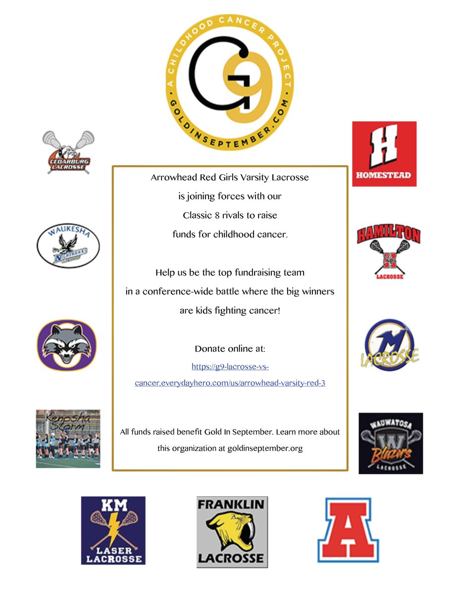 LACROSSE VS. CANCER
Classic 8 Girls Lacrosse is Teaming Up to Fight Childhood Cancer💛
Help Make a Difference! Donate now to fund research so every child, everywhere will survive cancer. Click here to donate. bit.ly/2Iyiqpy 
THANK YOU FOR MAKING A DIFFERENCE. #growGOLD