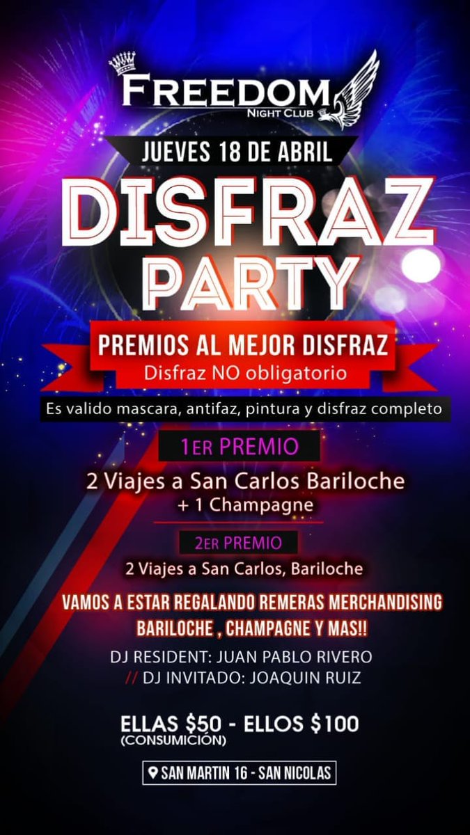 FreedomNightCl1's tweet photo. 🌙Freedom Night Club🌙

•  18.04  JUEVES  A  B  R  I  L•
•    🎭 DISFRAZ PARTY 🎭    •

💥 2❌1 EN TODAS LAS  BEBIDAS CADA BEBIDA VA A TENER SU HORA❗

🔥Vamos a estar regalando remeras merchandising bariloche , Champagne y mas!!🔥 https://t.co/5Ow6FTHe6G