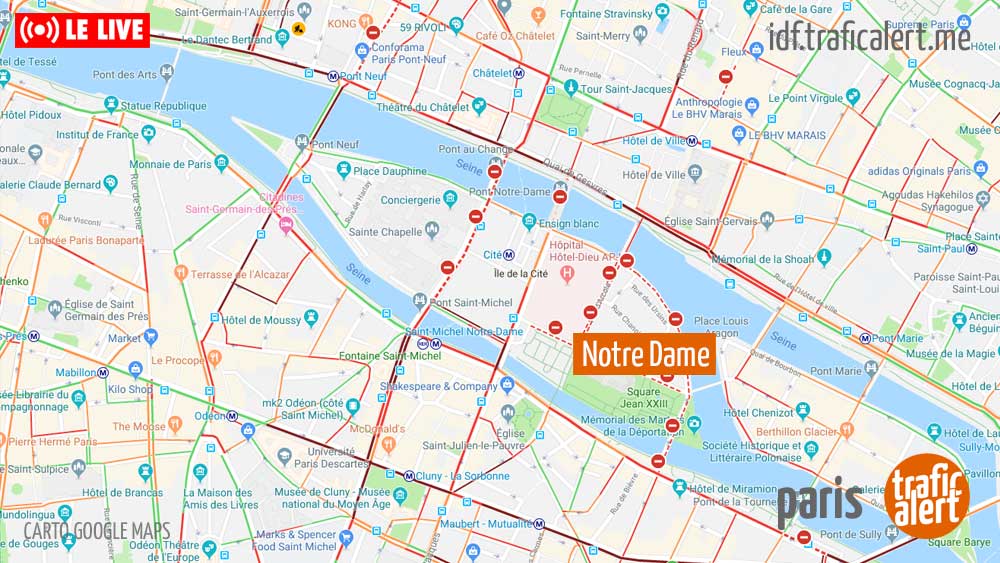 trafic_idf's tweet photo. [LE LIVE] #Incendie à #NotreDame #Paris, #neutralisations. Évitez le secteur notamment les quais, quartier latin et #LaissezLaPrioritéAuxSecours. @PrefPolice @PompiersdeParis #msgu https://t.co/paL6zIY0GU