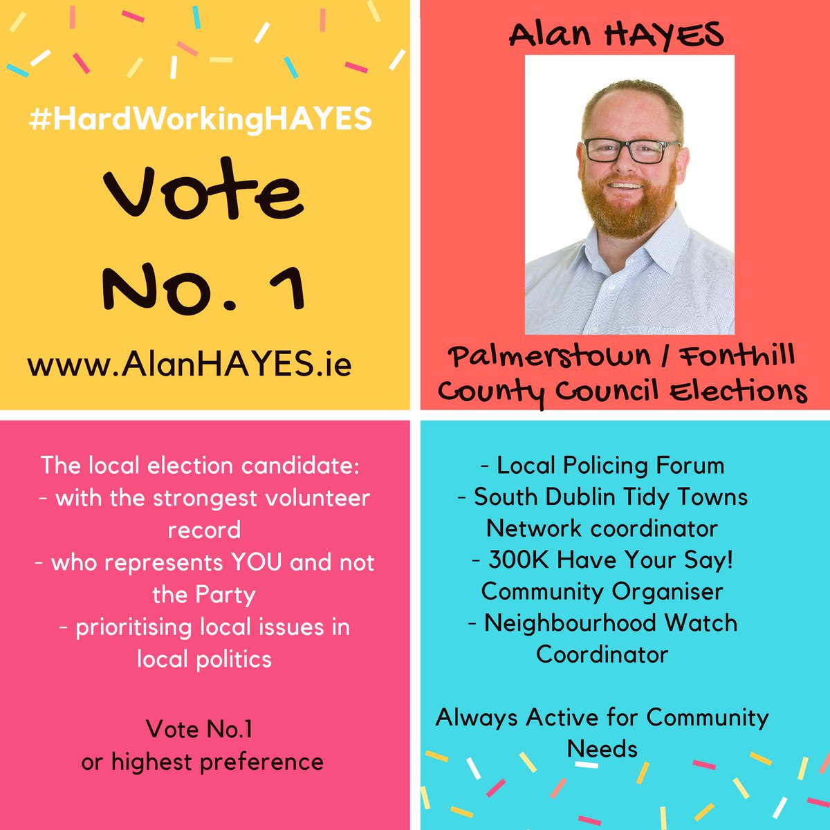 AlanHayesDublin's tweet photo. Here's some of the reasons why I'm voting HAYES no.1 for #PalmerstownFonthill - Local Elections - Local Politics - Local Issues.

Granted, I am biased 😉 but I'm also the Independent candidate with the strongest voluntary record.
#VoteHAYES https://t.co/xtr9XlvQ4G