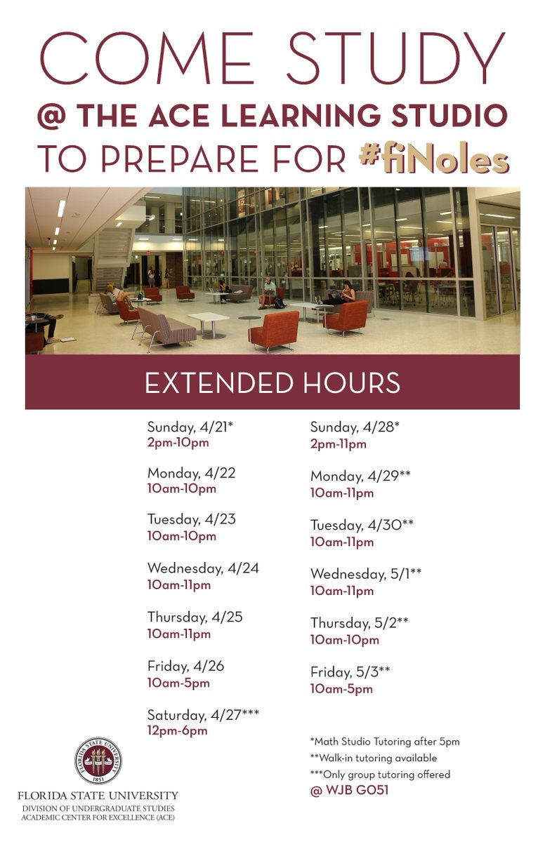 FSU_ACE's tweet image. As we gear up for finals ACE will be offering EXTENDED hours beginning next Sunday, April 21! Check out a complete listing of our extended hours in the flyer below