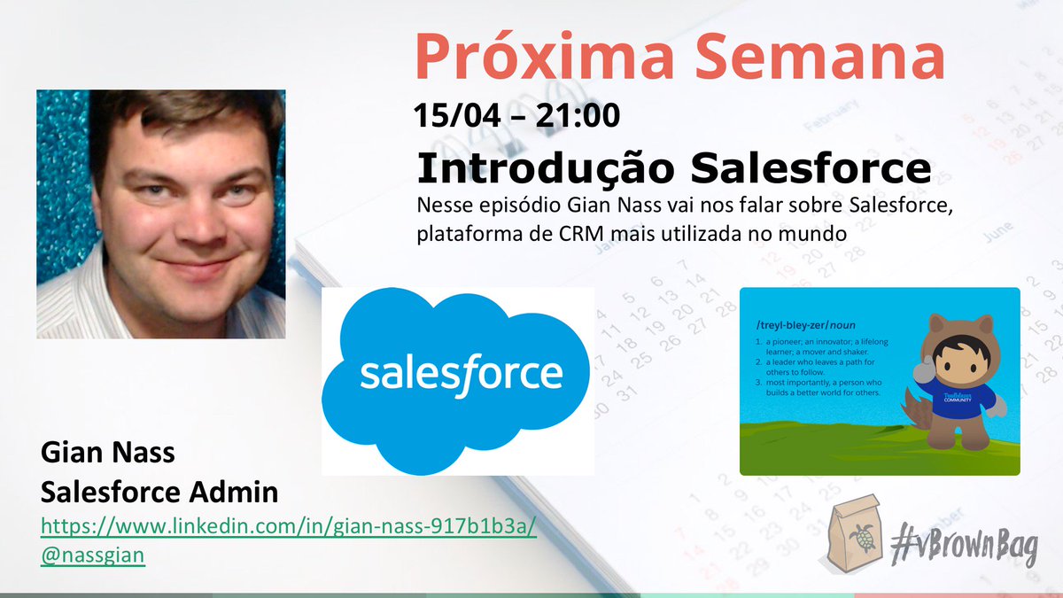 Logo mais... 21hs no <a href="/vBrownBagBrasil/">vBrownBag Brasil</a> <a href="/NassGian/">Gian Nass</a> falando sobre <a href="/salesforce/">Salesforce</a> 
AO VIVO no facebook.com/vBrownBagBrasi…

vbrownbagbrasil.com.br/events/vbrownb…