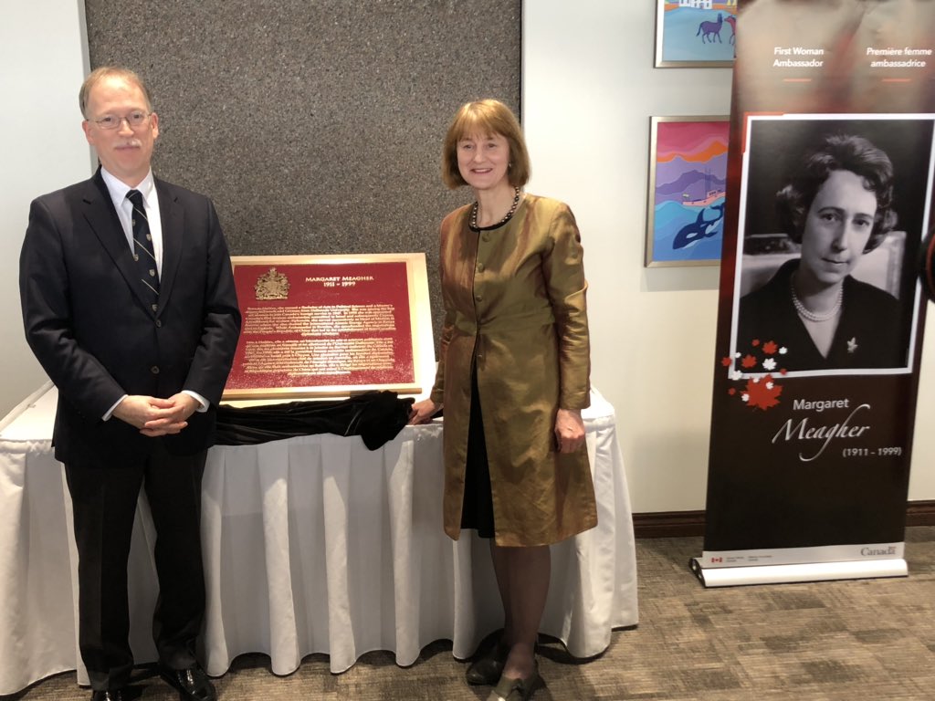 NellStewart's tweet photo. Here it is, the Margaret Meagher Room and plaque unveiled by @GAC_Corporate Champion for women Sarah Taylor and Deputy Minister of Foreign Affairs (for 3 more days) Ian Shugart: “It is almost unbelievable that it took us this long”. Hear, hear. https://t.co/4UNLlpvvMv