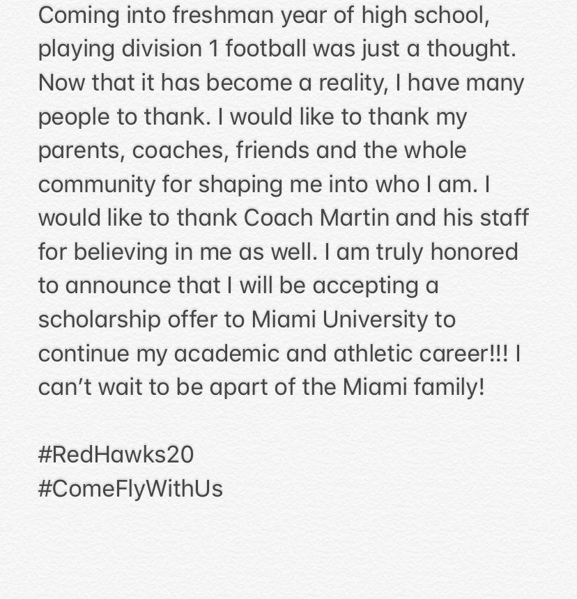 dominicdzioban's tweet photo. COMMITTED! #LoveAndHonor #RedHawks20 #ComeFlyWithUs Thank you @Martin_Miami_HC @CoachDShearer @trey_neyer @CoachKoehler @MiamiOHFootball ! https://t.co/dmh3KHRyxO