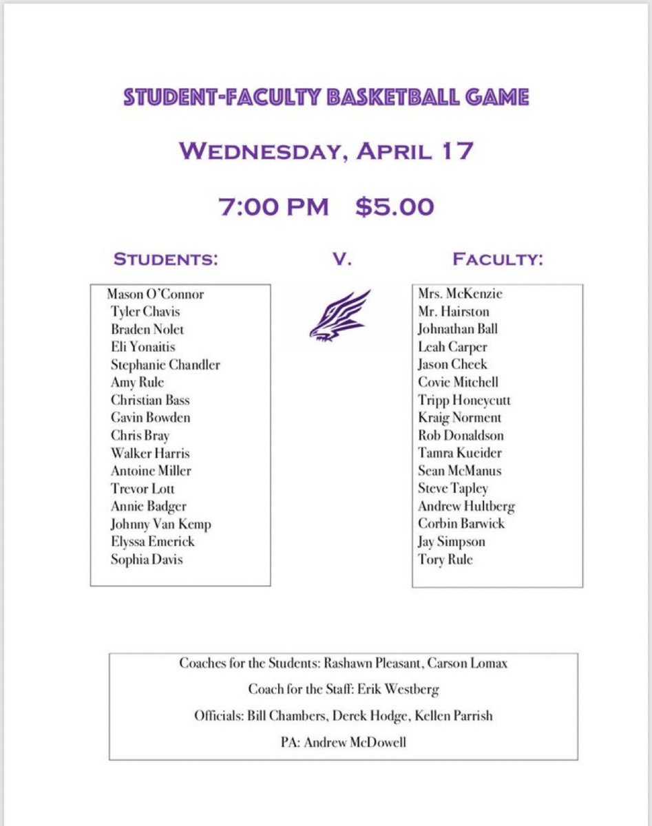 nghs_basketball's tweet photo. ‼️NIGHTHAWK NATION‼️ We want to see you this Wednesday, April 17th, at 7pm for our Students vs. Faculty Basketball Game! Only $5 admission. Faculty has been practicing...students, be ready to bring it 😈 https://t.co/fMd7JgxqBw