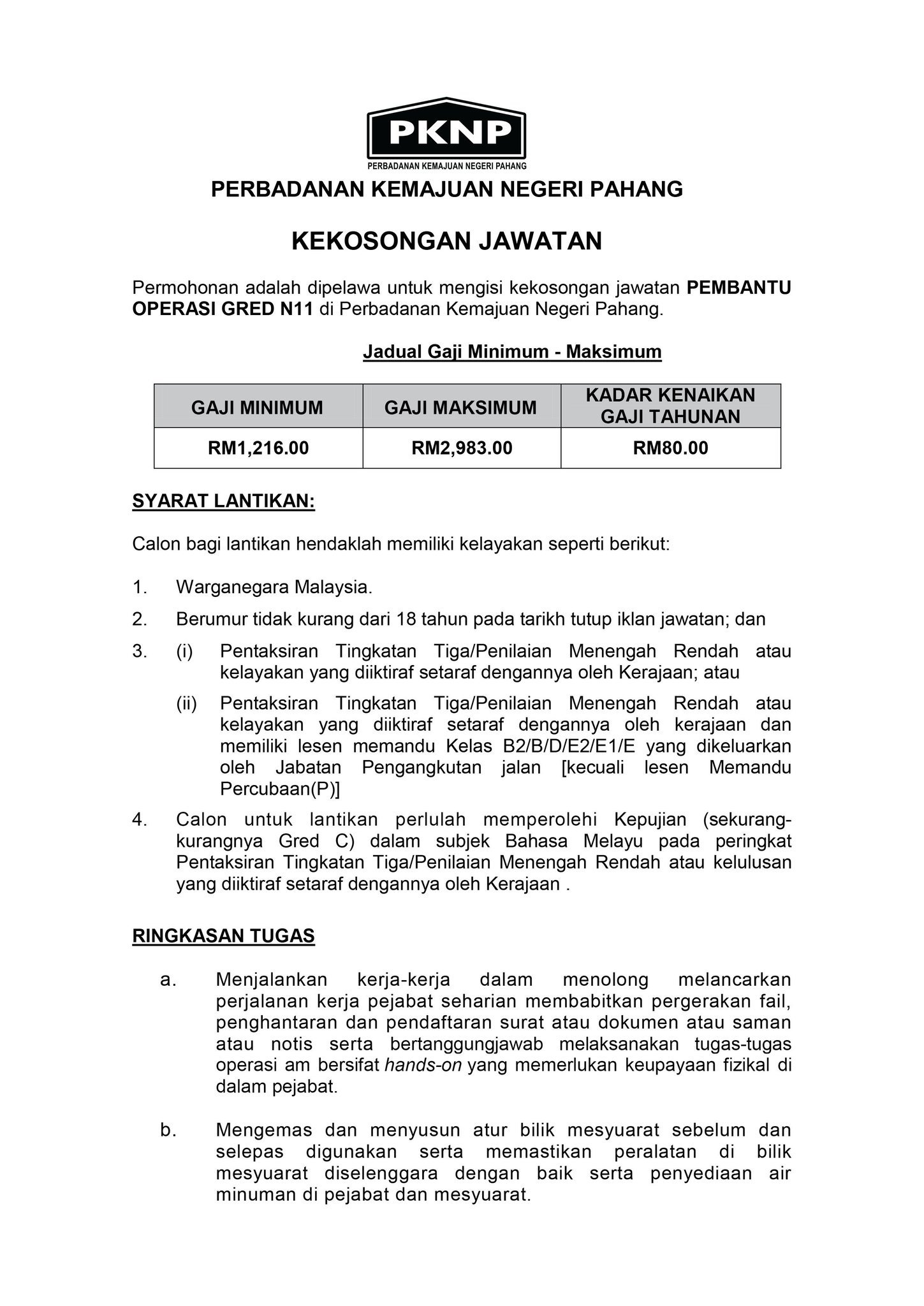 Pknp On Twitter Kekosongan Jawatan Pembantu Operasi Gred N11 Di Perbadanan Kemajuan Negeri Pahang Sesiapa Yang Berminat Sila Kemukakan Permohonan Secara Online Melalui Laman Web Pknp Https T Co Cbafhj0esc Tarikh Tutup Permohonan Ialah Pada