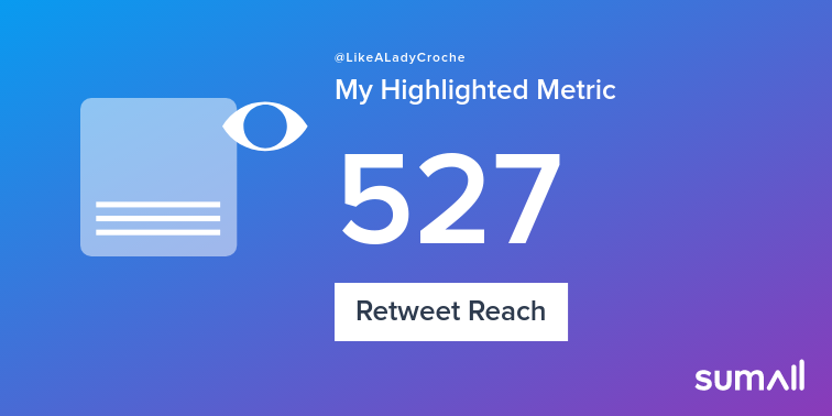 LikeALadyCroche's tweet photo. My week on Twitter 🎉: 1 Mention, 2 Likes, 1 Retweet, 527 Retweet Reach, 1 Reply. See yours with https://t.co/LBT1kZ6vNq https://t.co/0I8eeH8F5c
