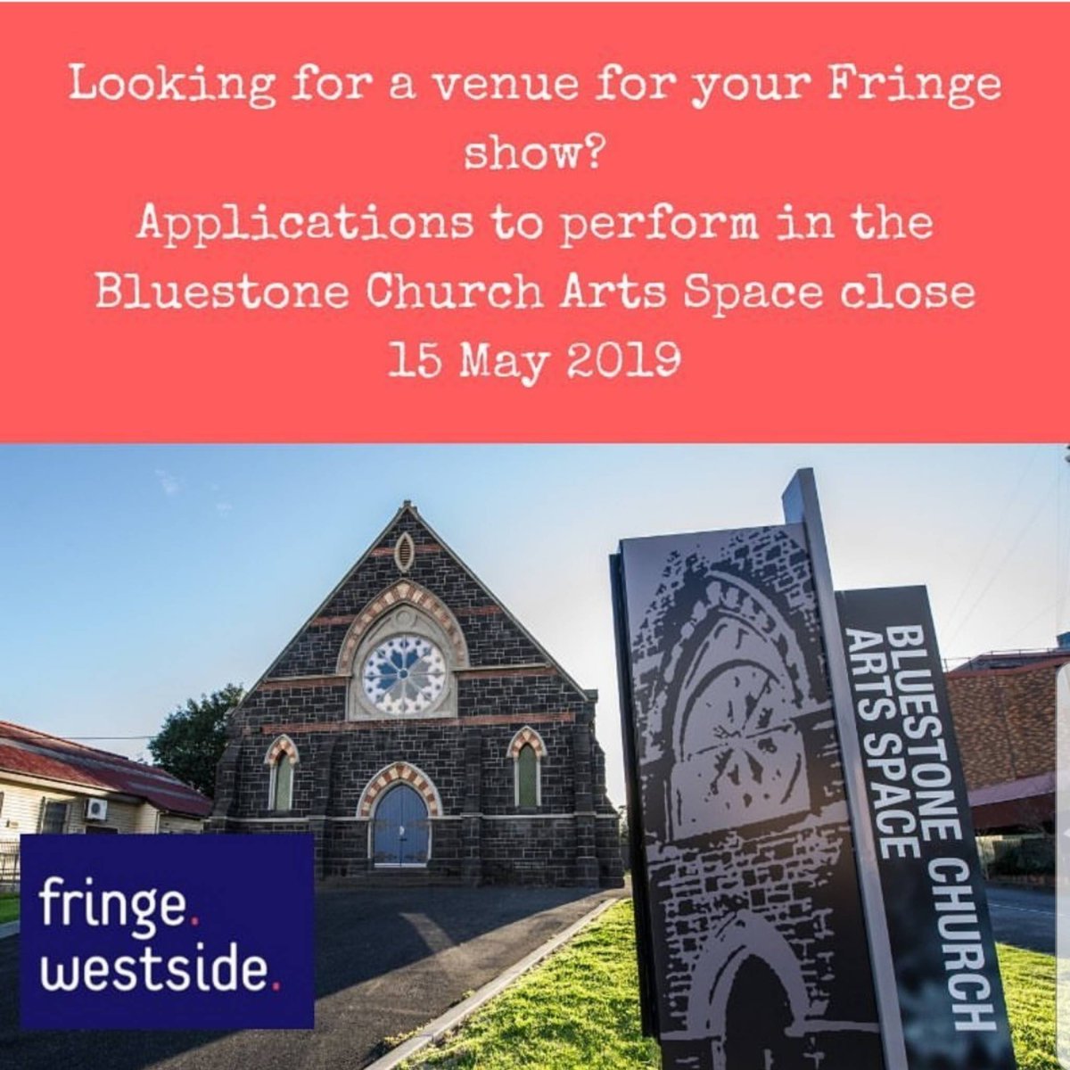 WeAreWitter's tweet photo. Expressions of interest are now open. Get your @melbournefringe show into #BluestoneChurchArtsSpace and spend the Festival in Footscray! @MaribyrnongCC https://t.co/YW2778JHhy