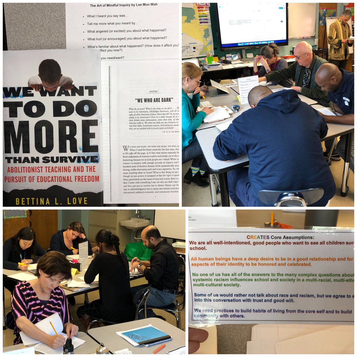 UNMSRocks's tweet photo. Together we used “The Art of Mindful Inquiry” protocol by Lee Mun Wah to reflect on and assist the process of defining our individual and collective purpose as educators. We connected our experiences to a text by Bettina Love and education for liberation. #unmsPD #UNMSCREATES https://t.co/qUwS4k6eDC