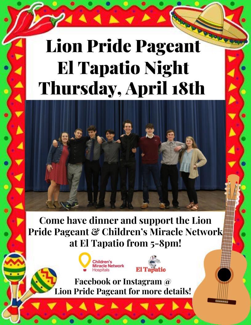 CghsKing's tweet photo. Our annual El Tap night is this Thursday, April 18th! Bring the family down, let our contestants serve you, and 20% of your food purchase will go to Children’s Miracle Network! Rumor has it our contestants will dance and sing for donations as well....🌮👶🏼 #savinbabies https://t.co/JPBjH6ZW9Y