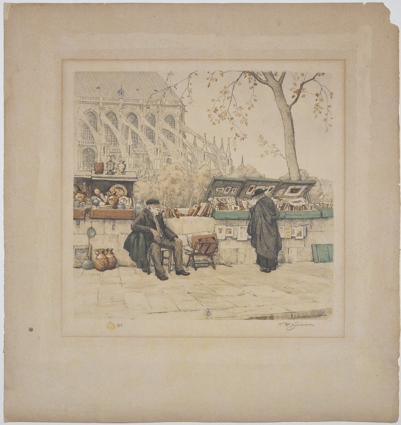 UWMArtHistory's tweet photo. One more, elegantly composed yet quaint image of #NotreDame. 
View of famous #Paris #booksellers against backdrop of the cathedral &amp; its wonderful flying #buttresses  ("Coin de Notre Dame - Bouquinistes" by Czech artist T. F. Šimon [ca. early 20th c] in the #UWMArtCollection) https://t.co/wYyycxu0dE