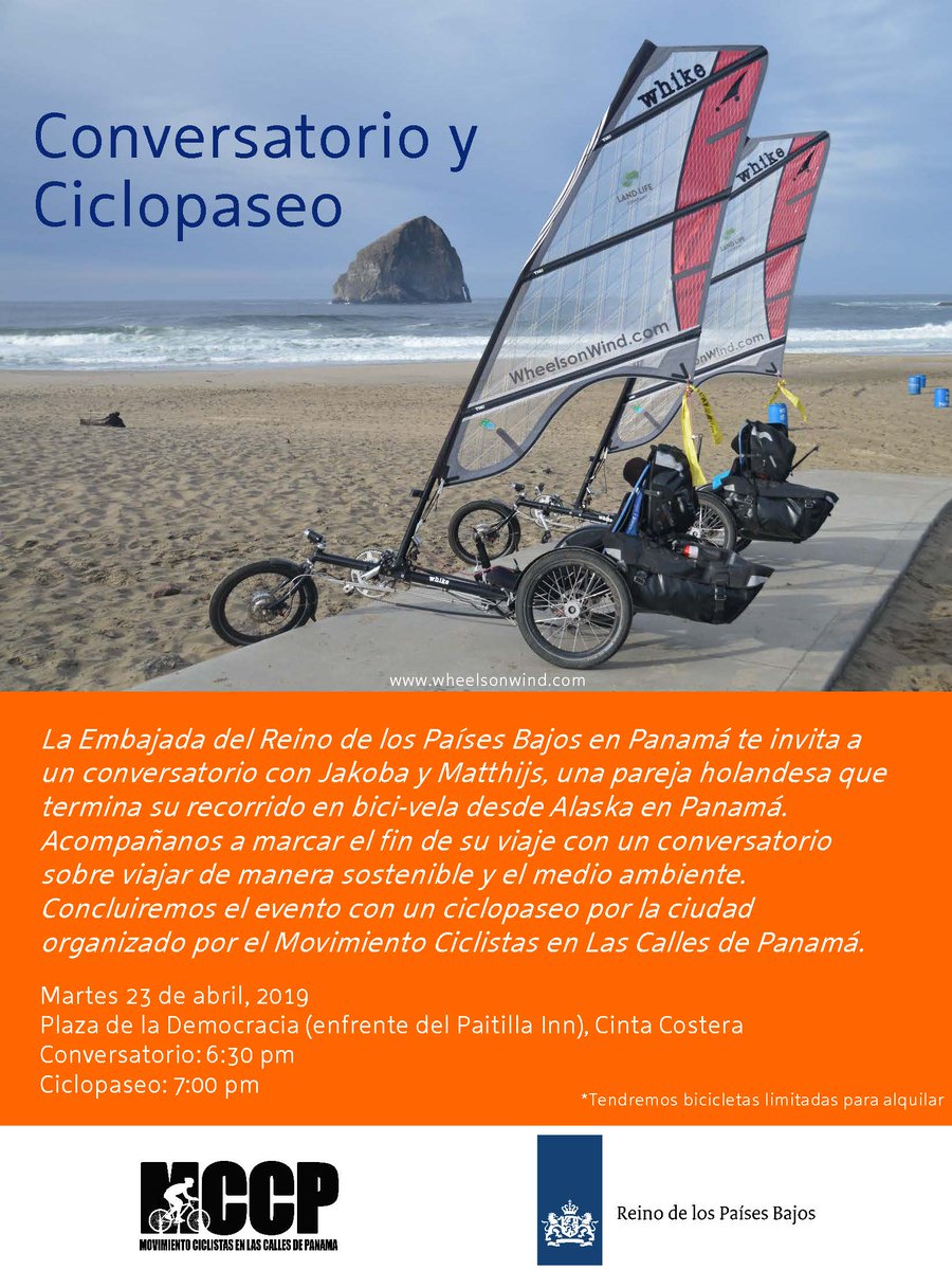NLinPanama's tweet photo. ¿Te gusta la bici y viajar de manera sostenible?
Acompáñanos a un conversatorio con una pareja holandesa que viajó de Alaska
a Panamá en bici-vela. ¡Para nuestros amantes de la bicicleta terminaremos con un ciclopaseo!
#wheelsonwind #panamasincarro https://t.co/KGMB08IAlL