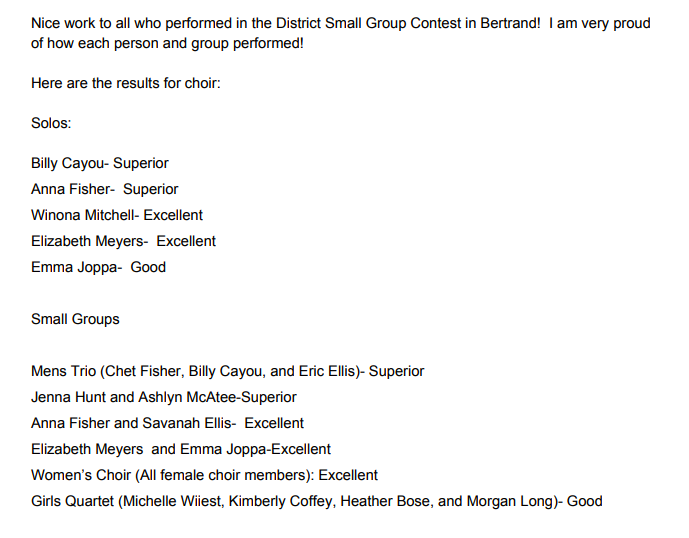 SV_Vocal's tweet photo. Attached are the results for today's Solo and Small Ensemble Districts in Bertrand.  @SVEagles https://t.co/7lGzUi8g5I