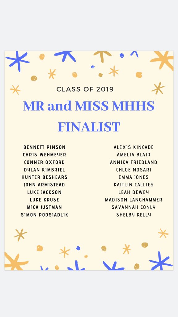 wecook1992's tweet photo. CONGRATULATIONS to the Class of 2019 Mr. and Miss MHHS Finalists! Final interviews are tomorrow - April 16th. #mhef @Dr_JakeLong @MHHSCA @bomber_fbla @jenniferlseaman https://t.co/rd7bLKNHM9