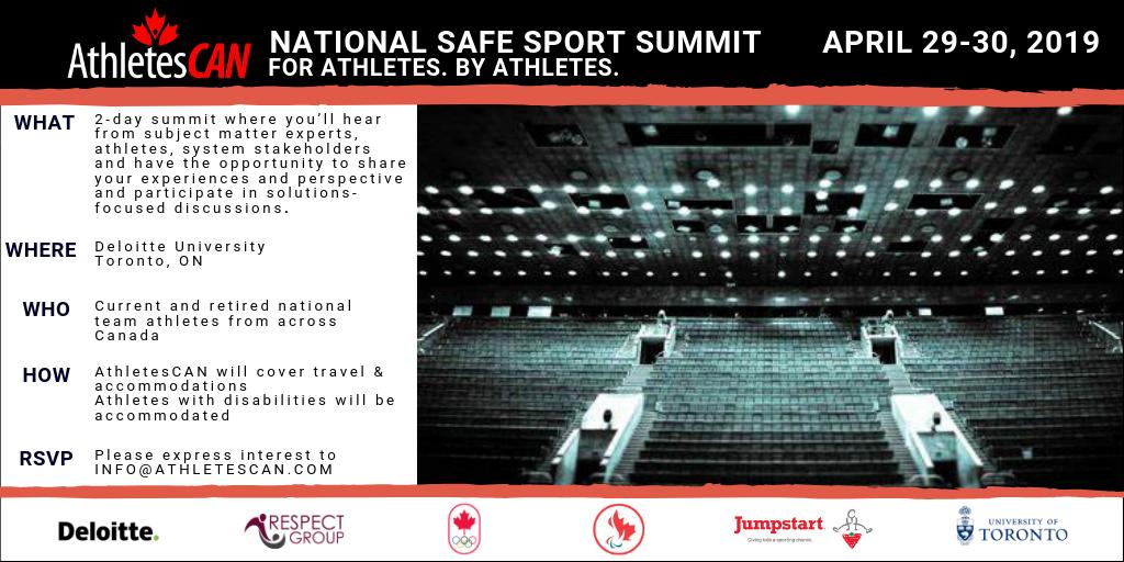 NATIONAL SAFE SPORT SUMMIT

📍Toronto, ON
📅 April 29-30, 2019
👥 Current and retired 🇨🇦 NT athletes
✈️ Travel + accommodations covered 
✉️ Athletes: RSVP info@athletescan.com

#AthleteVoice