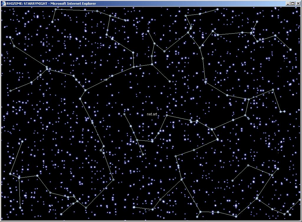 An early Internet Explorer browser window showing a field of star-like dots, with a constellation drawn among them. At the center are two small words reading "net art."