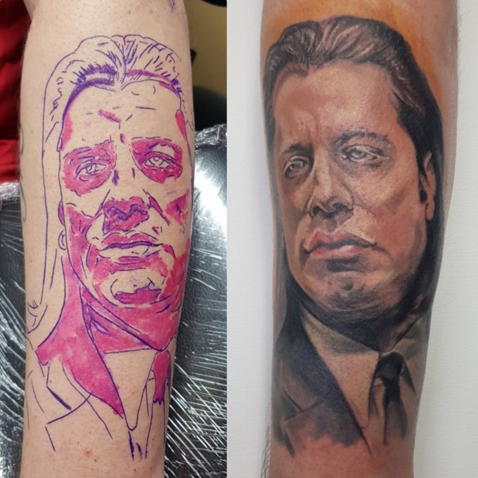 Stencil vs Tattoo 
Booking May - annaquinnuk@gmail.com #tattoo #portraittattoo #pulpfiction #portrait
