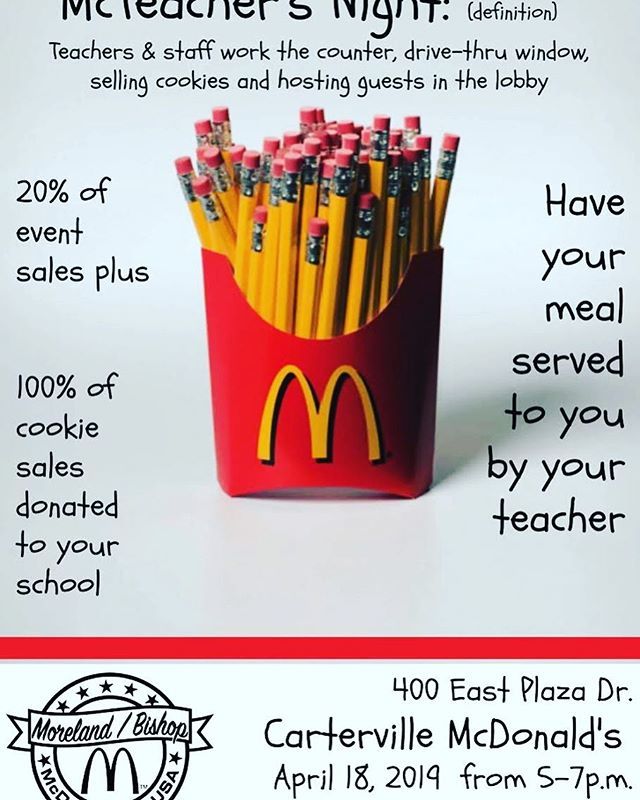carterville_5's tweet photo. Come out and support Tri-C Elementary at McTeacher Night from 5-7 on Thursday, April 18th. Teachers will be working and kids can meet a special McDonald’s character! #carterville5 https://t.co/tZbzVFqixI https://t.co/JPDEsLYq4W