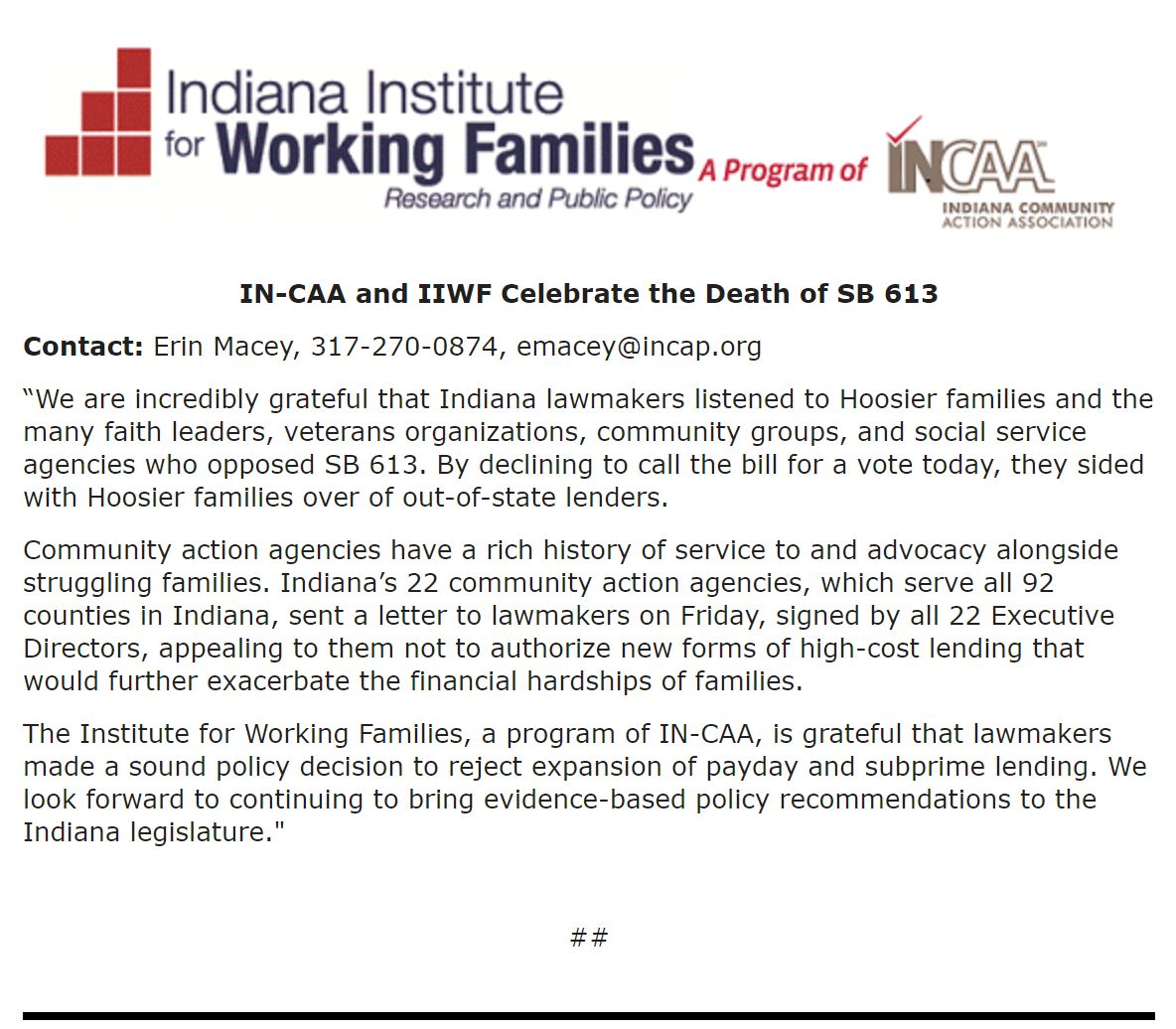 ErinMaceyIN's tweet photo. Our statement on SB 613, with gratitude to #INLegis for choosing to #Reject613 and all those who made their voices heard. #protectconsumers https://t.co/sxrG7GMhD8