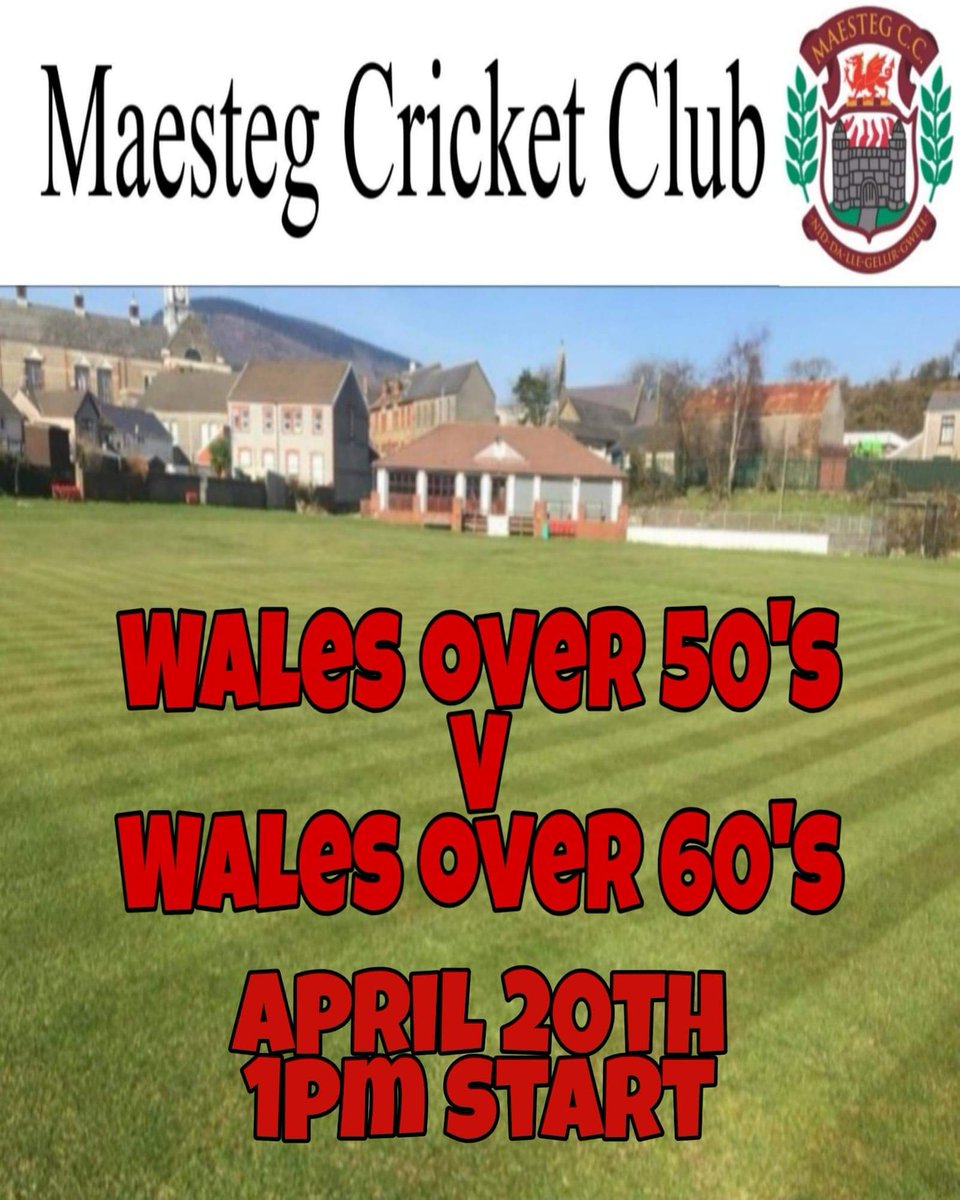 Please retweet 
Saturday 20th April sees <a href="/Wales_over_50s/">Wales Over 50s Cricket.</a> take on Wales Over 60s at Maesteg Cricket club with some of our current and past players representing each team <a href="/wilky007/">Martin Wilkshire</a> <a href="/LeeThomasMorga2/">Lee Thomas Morgan</a> over 50s and @Leightoconnor over 60s <a href="/CricketWales/">Criced Cymru / Cricket Wales 🏏🏴󠁧󠁢󠁷󠁬󠁳󠁿</a>