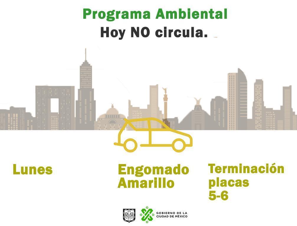 El programa #HoyNoCircula aplica a vehículos con holograma 1 y 2, engomado amarillo, terminación de placas 5 y 6.