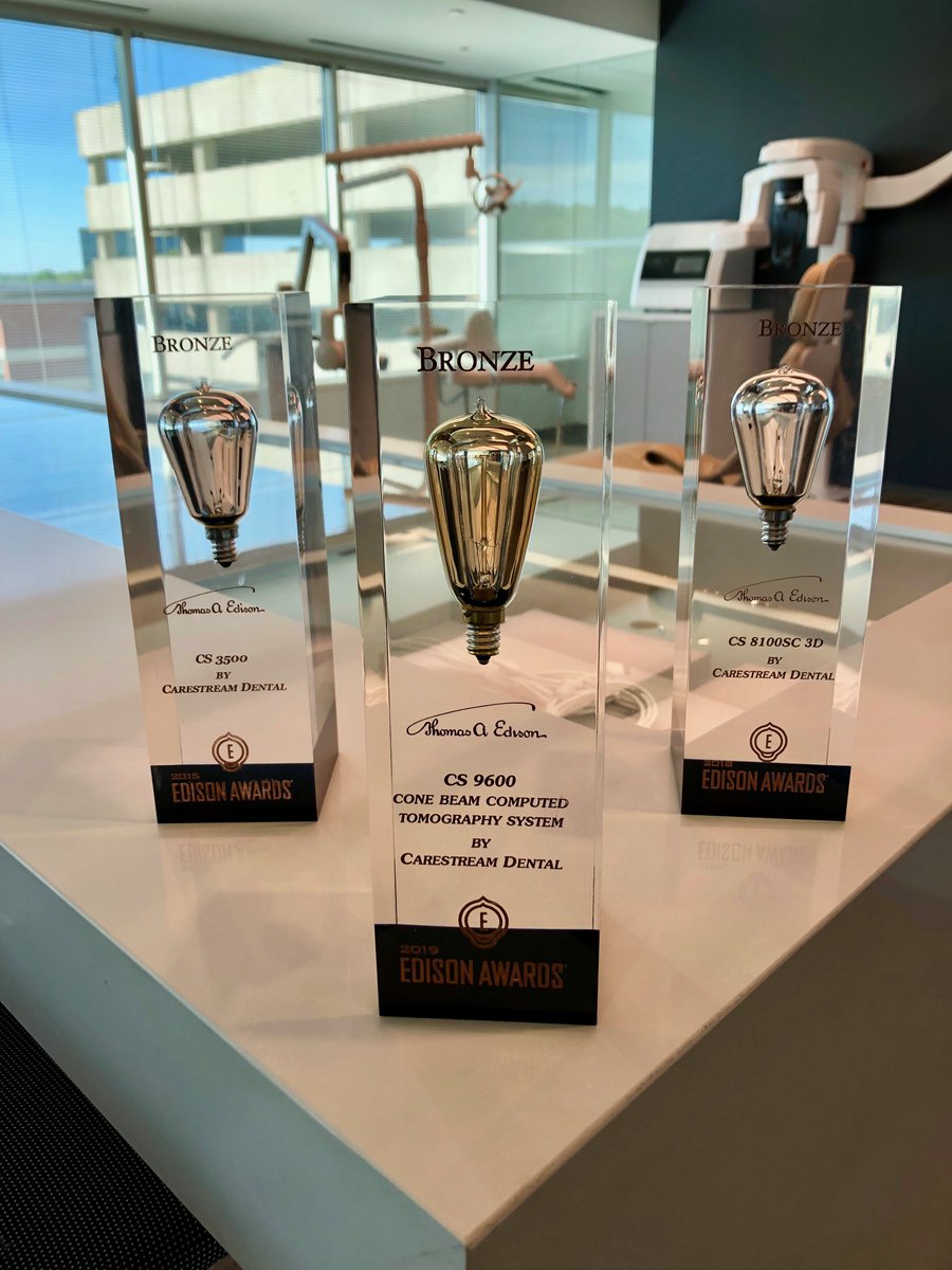 CarestreamDentl's tweet photo. Carestream Dental is proud to add yet another Edison Award to its collection. This year’s addition, awarded to the #CS9600 CBCT system, joins the CS 8100SC 3D system’s 2018 trophy and the CS 3500 intraoral scanner’s 2015 award. https://t.co/06zrgtUAav