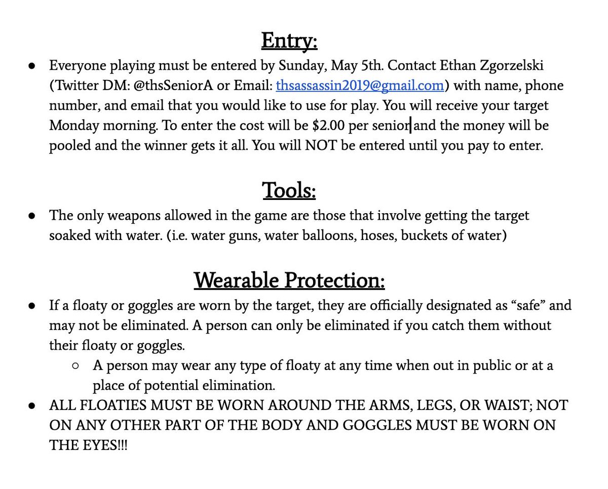 thsSeniorA's tweet photo. 🚨 ATTENTION TREMPER SENIORS🚨 Are you ready for the 2019 Senior Assassin? Rules are listed below. Contact information to join is in the pictures below. Kickoff is Sunday, May 6th. Cost is $2 and must be paid before targets are assigned. Don’t Delay! Sign up before it's too late! https://t.co/UxYUHTC9jk