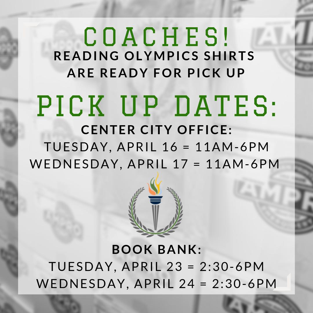 Reading Olympics Coaches the time has come... T-shirts are ready to be picked up and decorated for the competitions! Check your email for specific information regarding pick-up logistics. See you soon!
#ReadingOlympics #CityOfReaders
