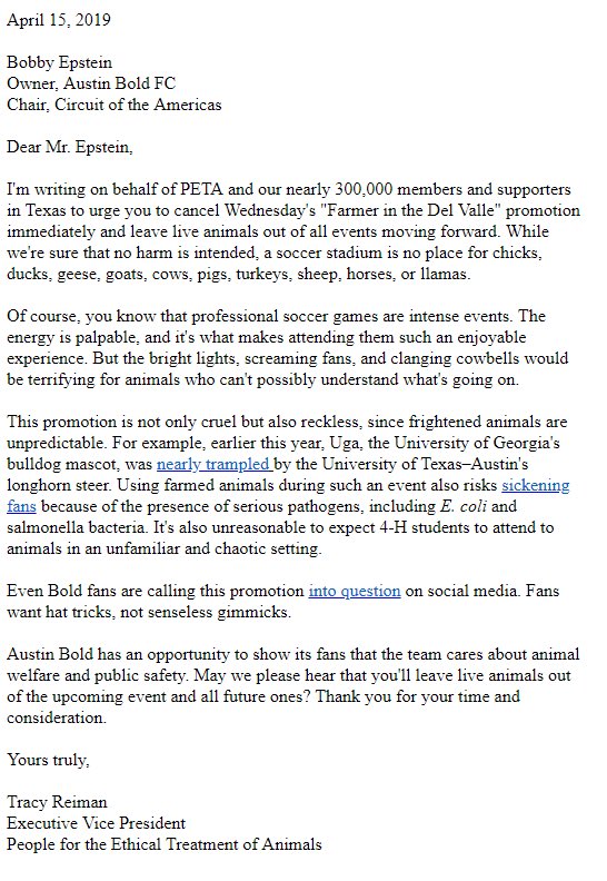 MichelleS_tv's tweet photo. BREAKING - PETA urges Austin Bold FC Bobby Epstein to cancel “Farmer in the Del Valle” ahead of Wednesday’s soccer match. If fans bring a farm animal, they get in for free. The letter states the promotion “cruel and reckless.” Using Bevo & Uga’s incident an an example. #Boldfc https://t.co/eiiDUTDITf