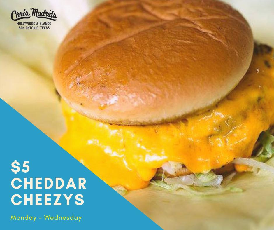 chrismadrids's tweet photo. Cheese, please! β Join us every Monday-Wednesday in April for $5 Cheddar Cheezys all day long!
.
#ChrisMadrids #CheddarCheezy #SanAntonio #SAEats #BurgersForAll https://t.co/4KMC56952E