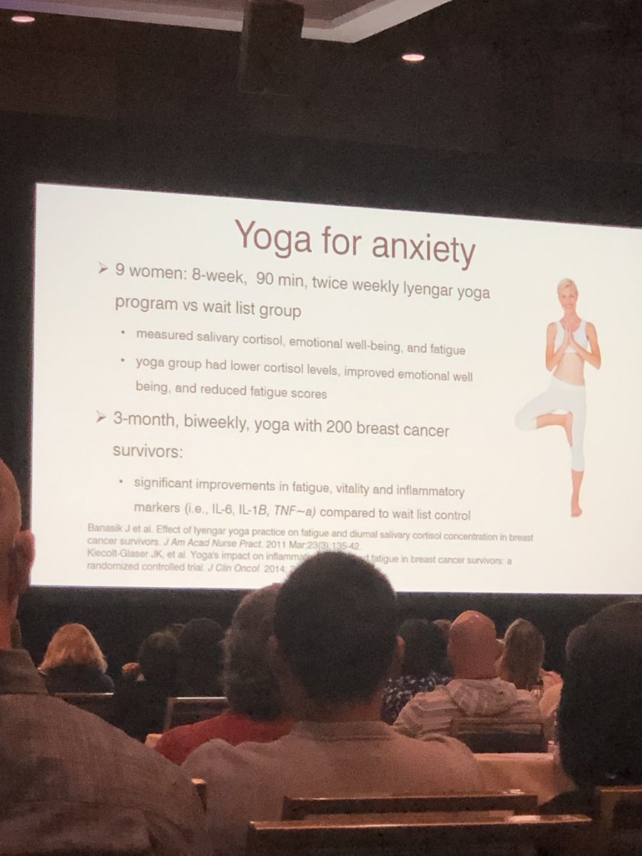 AZJayDoc's tweet photo. Yoga for anxiety. Associated with reduced cortisol levels, inflammatory markers, fatigue. Improved emotional well being and vitality. #IMHC2019 @DrMaizes https://t.co/Ut4k4YBPjQ