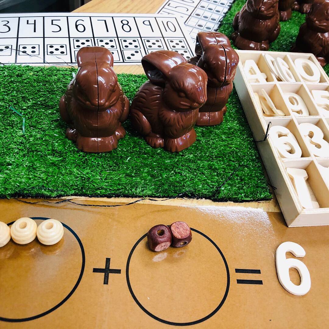 FDK_Lightning's tweet photo. Chocolate Bunny number sentences! Students cracked open a ‘chocolate’ bunny and sorted the wooden beads to make a number sentence. Then they used the wooden numerals to show the answer. #numbersense #simpleaddition #eymath #kindermath #mathbehaviours #playbased #kindergarten https://t.co/07jS5Dy9Wv