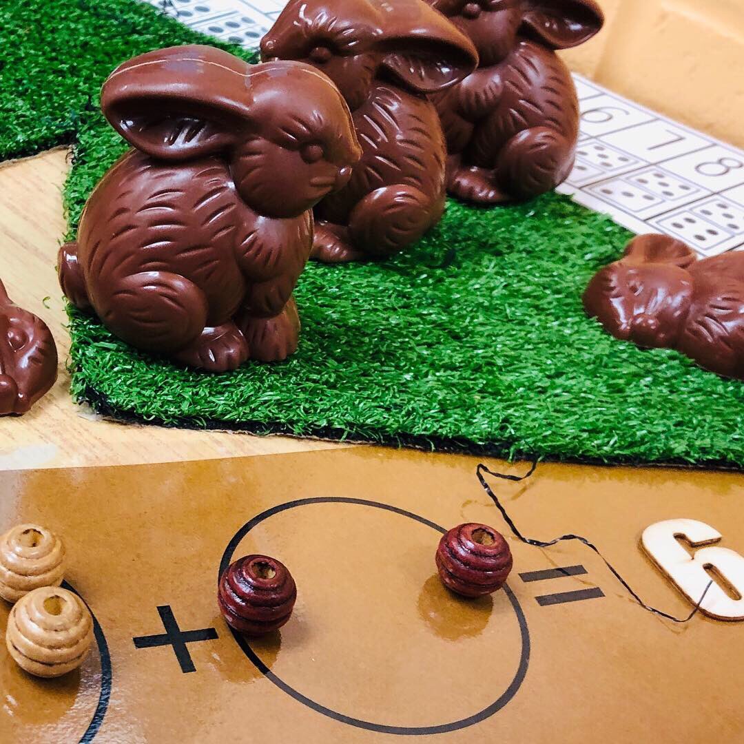 FDK_Lightning's tweet photo. Chocolate Bunny number sentences! Students cracked open a ‘chocolate’ bunny and sorted the wooden beads to make a number sentence. Then they used the wooden numerals to show the answer. #numbersense #simpleaddition #eymath #kindermath #mathbehaviours #playbased #kindergarten https://t.co/07jS5Dy9Wv