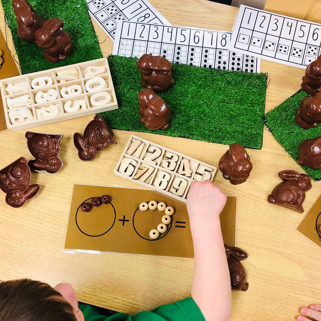 FDK_Lightning's tweet photo. Chocolate Bunny number sentences! Students cracked open a ‘chocolate’ bunny and sorted the wooden beads to make a number sentence. Then they used the wooden numerals to show the answer. #numbersense #simpleaddition #eymath #kindermath #mathbehaviours #playbased #kindergarten https://t.co/07jS5Dy9Wv