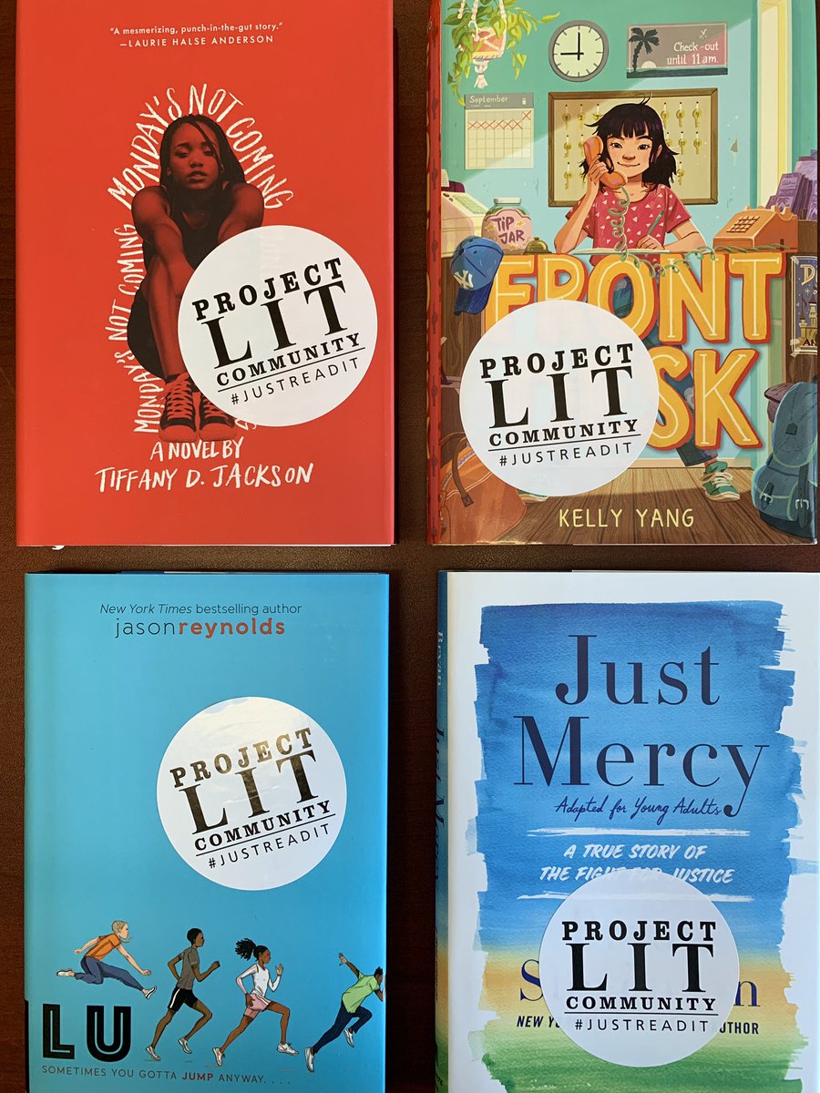 ProjectLITComm's tweet photo. DAY 2 recap! 
📚 Monday’s Not Coming @WriteinBK 
📚 Front Desk @kellyyanghk 
📚 Lu @JasonReynolds83 
📚 Just Mercy @eji_org 
#ProjectLITBookClub https://t.co/VZQuxx2lkE