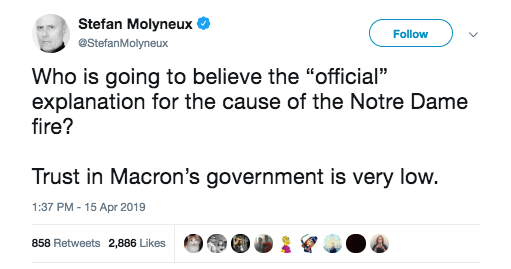 broderick's tweet photo. .@TwitterSupport I think it'd be good to know why Stefan Molyneux is allowed to use his verified Twitter account to push a conspiracy theory that the Notre Dame fire was arson. 

He has almost 400,000 followers. https://t.co/58aVHHWv1S