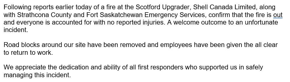 ShellScotford's tweet photo. Here is our final update. Thank you for your attention and for sharing our updates. Neighbours can still call us with immediate concerns: (780) 992-3600. Media questions should still be directed to media-desk@shell.com. https://t.co/UhdsqEaBuy