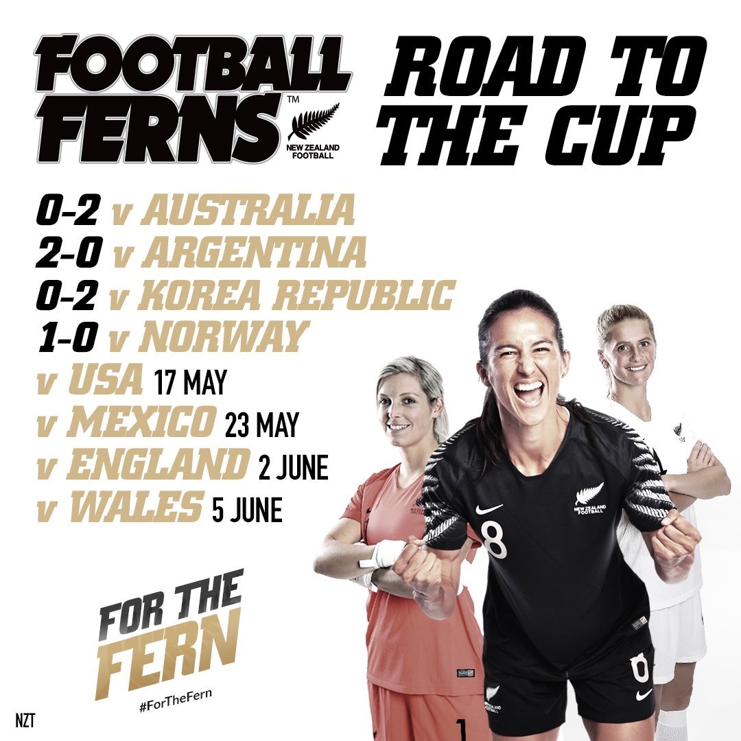 NZ_Football's tweet photo. SCHEDULE | Here are all of the #FootballFerns games as they get ready for the @FIFAWWC in France. #ForTheFern #DareToShine https://t.co/wtZRX1cmeg