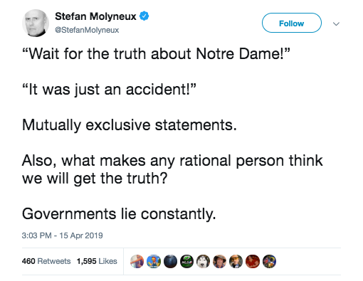 broderick's tweet photo. .@TwitterSupport I think it'd be good to know why Stefan Molyneux is allowed to use his verified Twitter account to push a conspiracy theory that the Notre Dame fire was arson. 

He has almost 400,000 followers. https://t.co/58aVHHWv1S