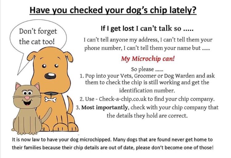 scanme_tukslaw's tweet photo. https://t.co/Vh5UTI9hs1 Up to date microchip details reunite pets. Ask your vet to check every visit and support the petition to make scanning mandatory #Tag4Tuk #microchip #Microchipped #ScanMe #LostDog #CheckThatChip #stolendog #missingdog #DEFRA #UK #England #Wales #Ireland https://t.co/hY63dCuC33