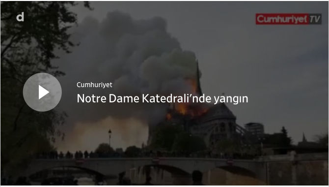 #Paris'teki 850 yıllık Notre Dame Katedrali'nde yangın !  Yangına ilişkin açıklamada bulunan Notre Dame Katedrali Sözcüsü Andre Finot, "Her şey yanıyor, 19. yüzyıldan, 13. yüzyıldan kalan her yer yanıyor, hiçbir şey kalmayacak" ifadelerini kullandı.  cumhuriyet.com.tr/haber/dunya/13…