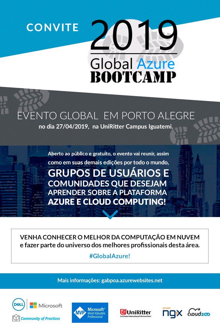 Oficialmente abertas as inscrições para o Global Azure Bootcamp 2019 em Porto Alegre! Não perca tempo e inscreva-se já! IMPERDÍVEL!
gabpoa.azurewebsites.net

<a href="/Azure/">Microsoft Azure</a> <a href="/Microsoft/">Microsoft</a> <a href="/MicrosoftBr/">Microsoft Brasil</a> 
<a href="/diegoonazure/">DM</a> <a href="/rfelipesilva/">Rafael Felipe</a>