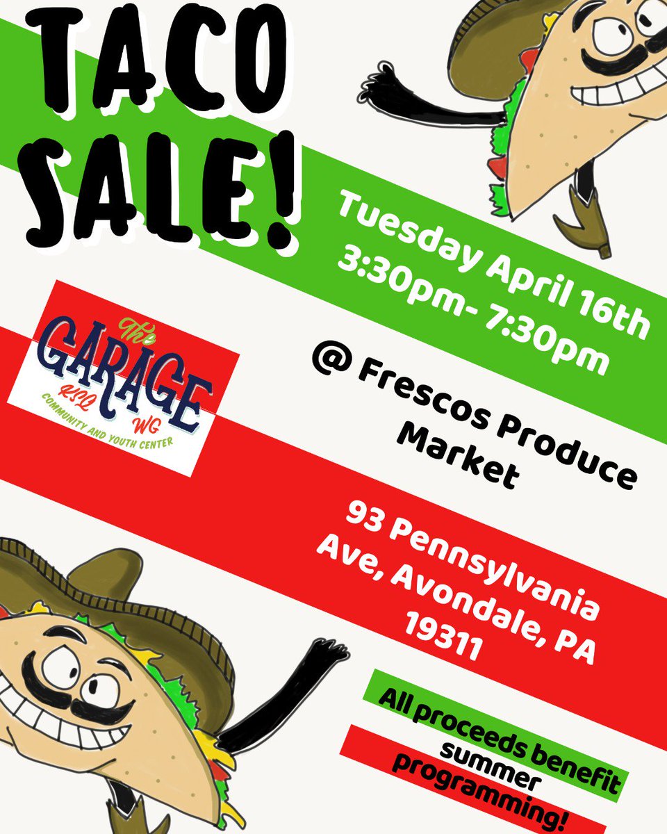 GarageYouth's tweet photo. TOMORROW: Student-led Taco Sale to benefit The Garage at Frescos Produce Market in Avondale from 3:30-7:30PM #EatTacosSupportYouth #EmpowerToExplore https://t.co/PEZ5l1OQqE
