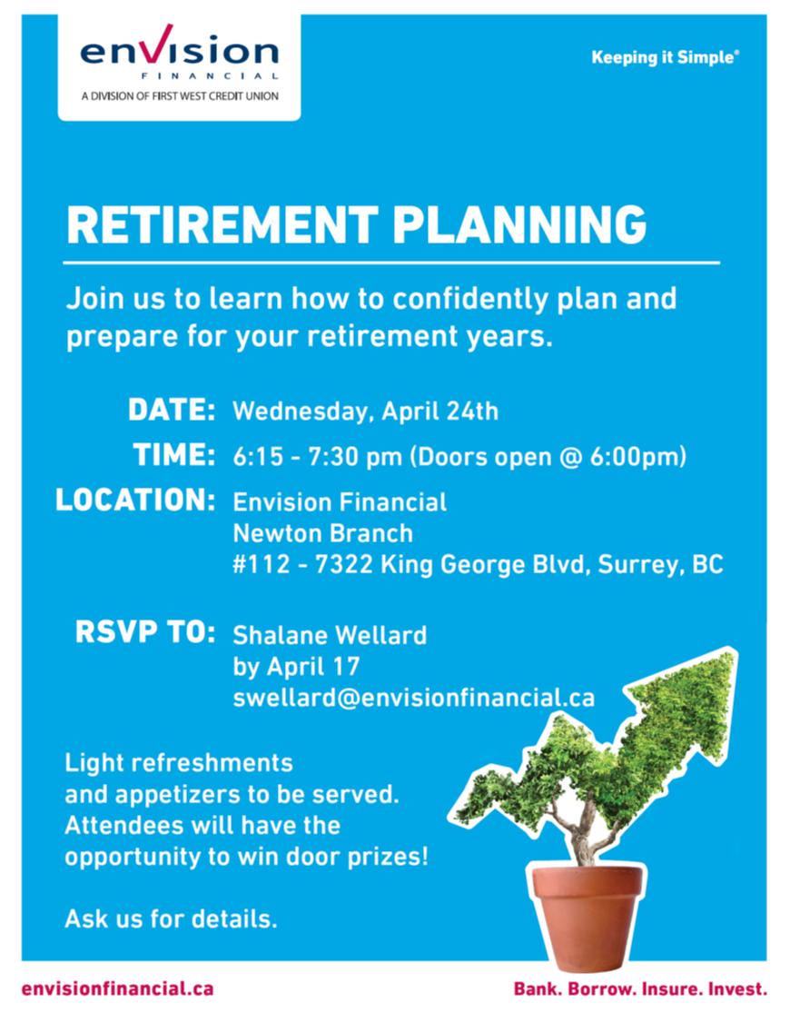 WellardAtWork's tweet image. Hey Twitter Family! At @EnvisionFin we care about our #community's financial future! Send me a DM &amp;amp; I'll make sure you're registered for this awesome free event! The best time to #prepare for the future is today! Let's talk #Retirement101.

#SurreyBC #FinancialPlanning #MyNewton