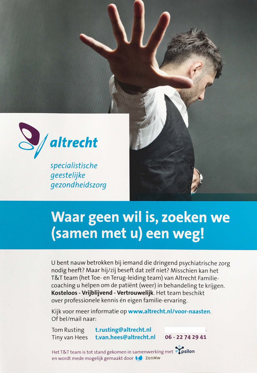 U bent betrokken bij een zorgwekkende psychiatrisch patiënt die geen hulp wil/kan/durft te accepteren? 
Altrecht zet een Sociaal Psychiatrisch Verpleegkundige plus een zeer ervaren vader in om met u een oplossing te zoeken.
Helaas alleen in de regio Utrecht.
Retweeten is fijn.