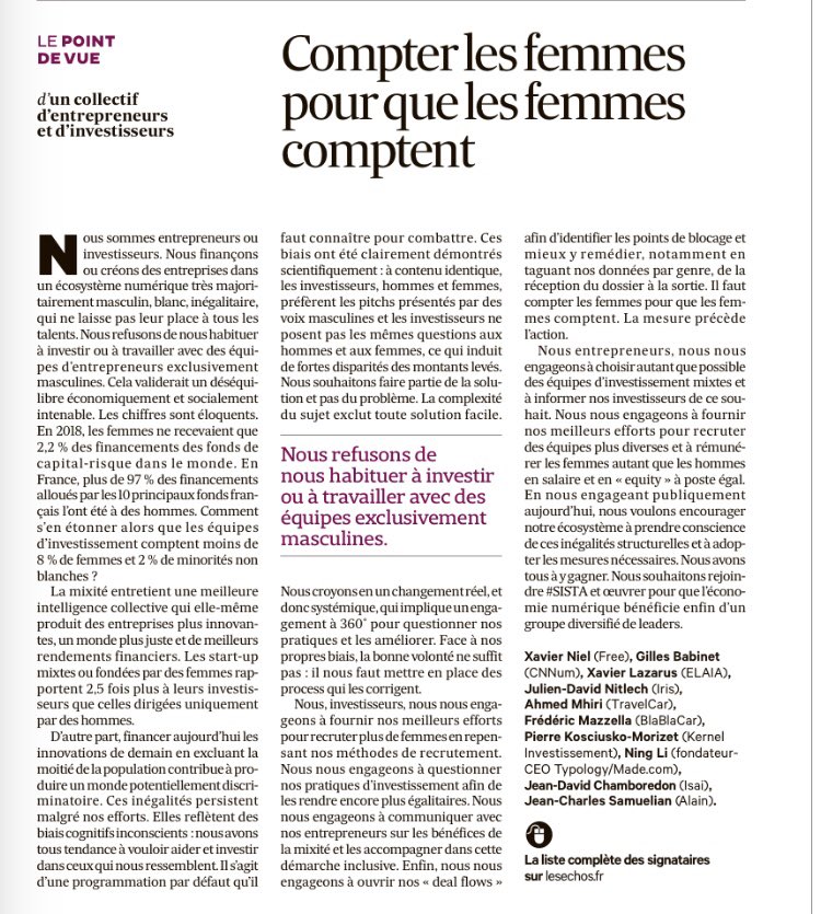 fabricepelosi's tweet photo. Compter les femmes pour que les femmes comptent - Tribune co-signée par @Xavier75, @babgi, Xavier Lazarus (@Elaia_Partners), @jdnitlech (Iris), @ahmhiri, @mazaic, @pierrekm, Ning Li, @jcsamuelian (@alan_assurance) demain dans @LesEchos https://t.co/AcO6wq6OKa