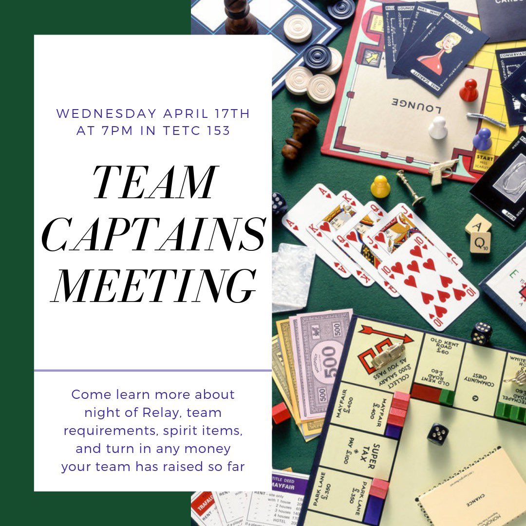 RFLSU's tweet photo. Come out to the LAST team captains meeting on Wednesday and learn some details about night of and turn in money your team has raised so far! Hope to see you all there! 💜 #relay4life https://t.co/bi648ZAOLw